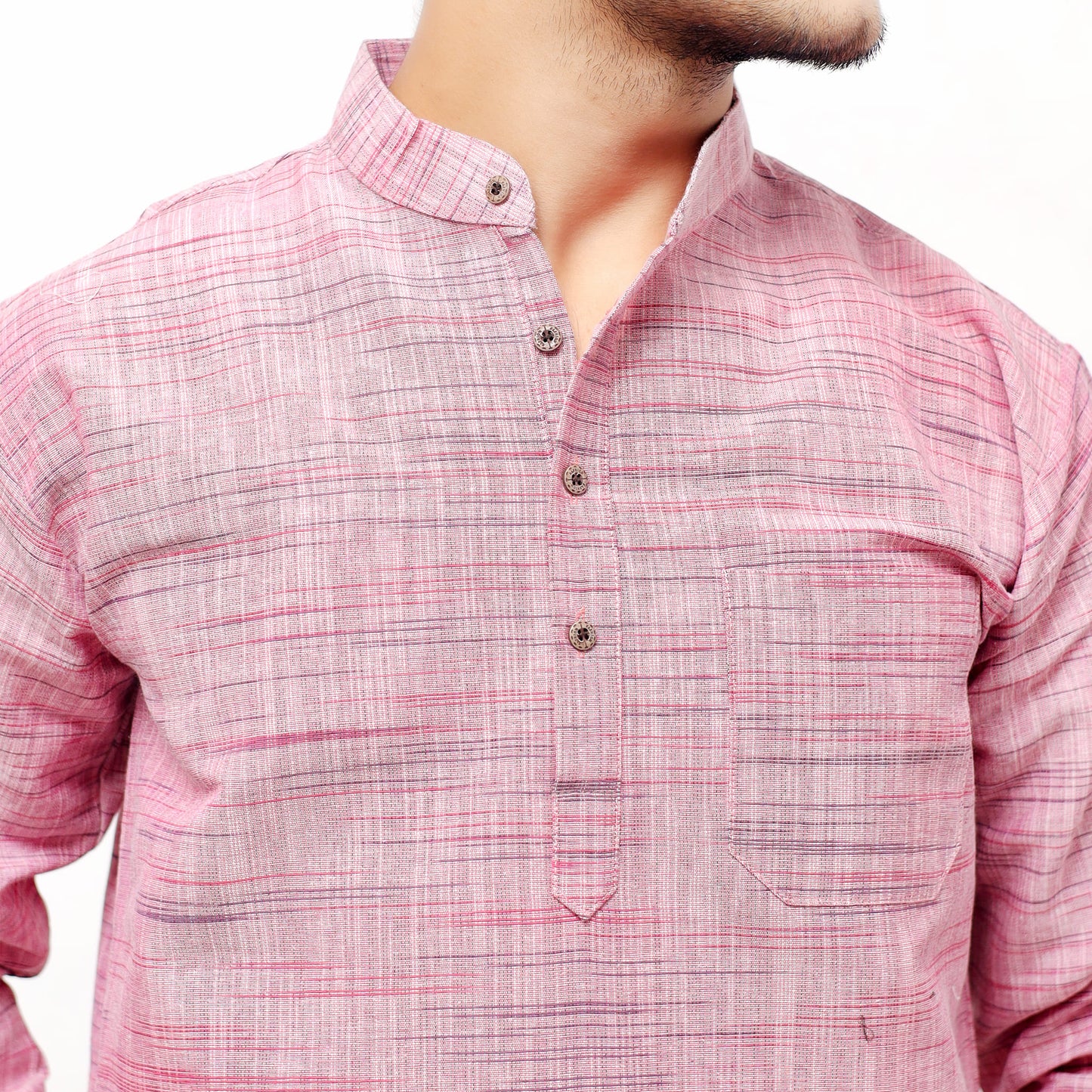 Pink textured khadi cotton short kurta collar close-up