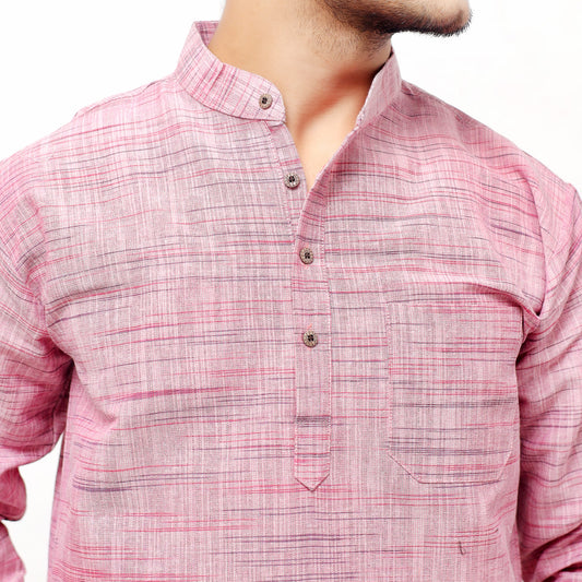 Pink textured khadi cotton short kurta collar close-up
