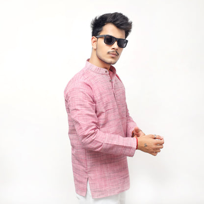 Side pose Light Jharna pink khadi cotton short kurta for men