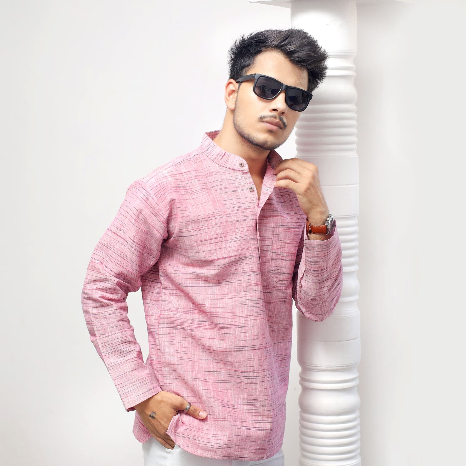 Men’s pink weave khadi cotton full sleeves short kurta styling view