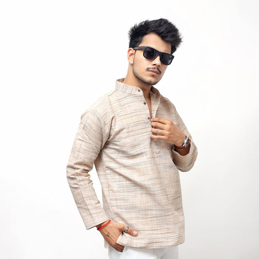 Beige Weave Light Jharna Full Sleeves Khadi Cotton Short Kurta front view