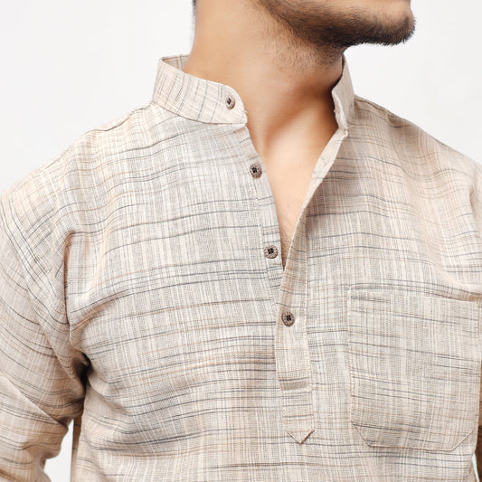 Beige textured khadi cotton short kurta fabric close-up