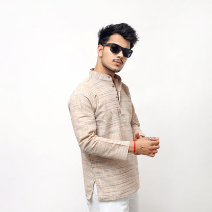 Side pose beige khadi cotton Light Jharna short kurta for men