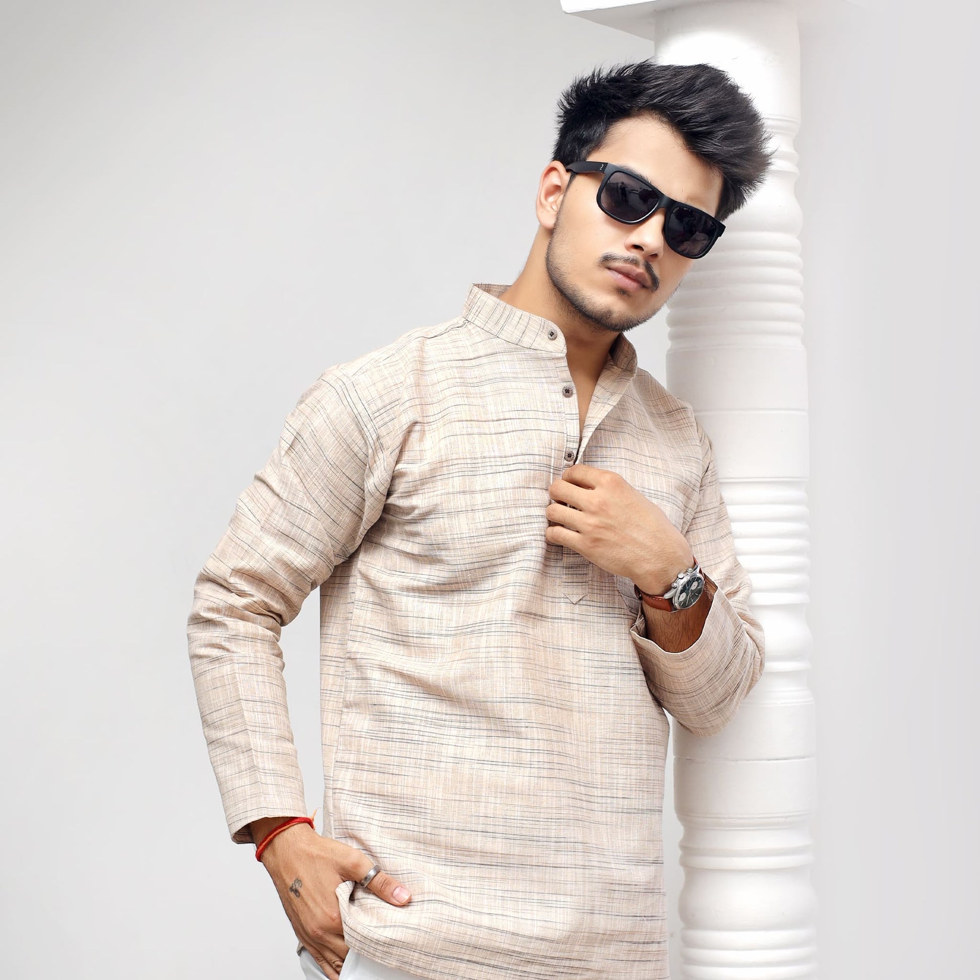 Men’s beige weave full sleeves khadi cotton short kurta styling