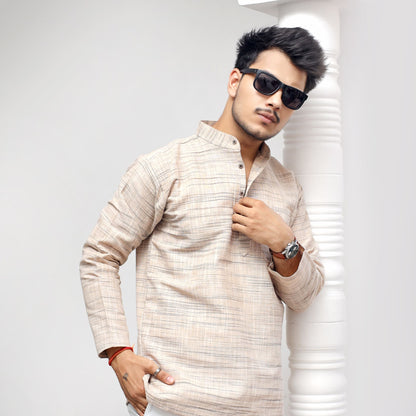 Men’s beige weave full sleeves khadi cotton short kurta styling
