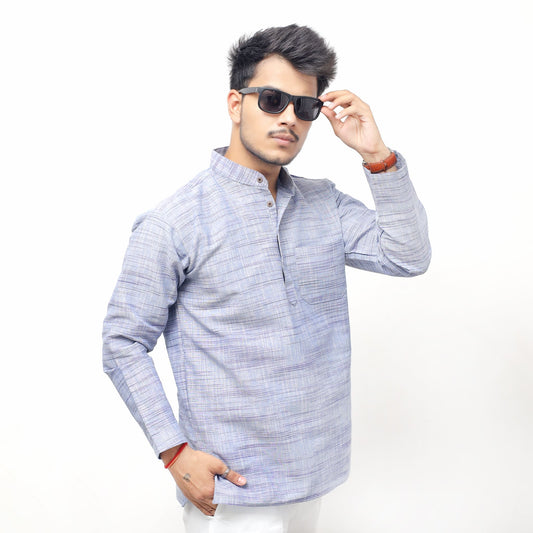 Blue Weave Light Jharna Full Sleeves Khadi Cotton Short Kurta front pose