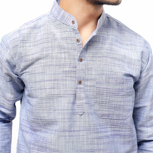 Light blue khadi cotton short kurta mandarin collar close view