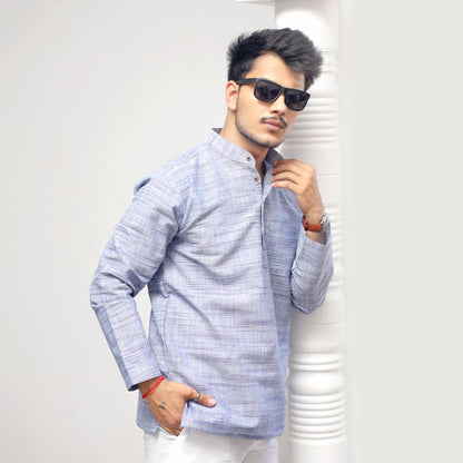 Light blue khadi cotton regular wear short kurta stylish look