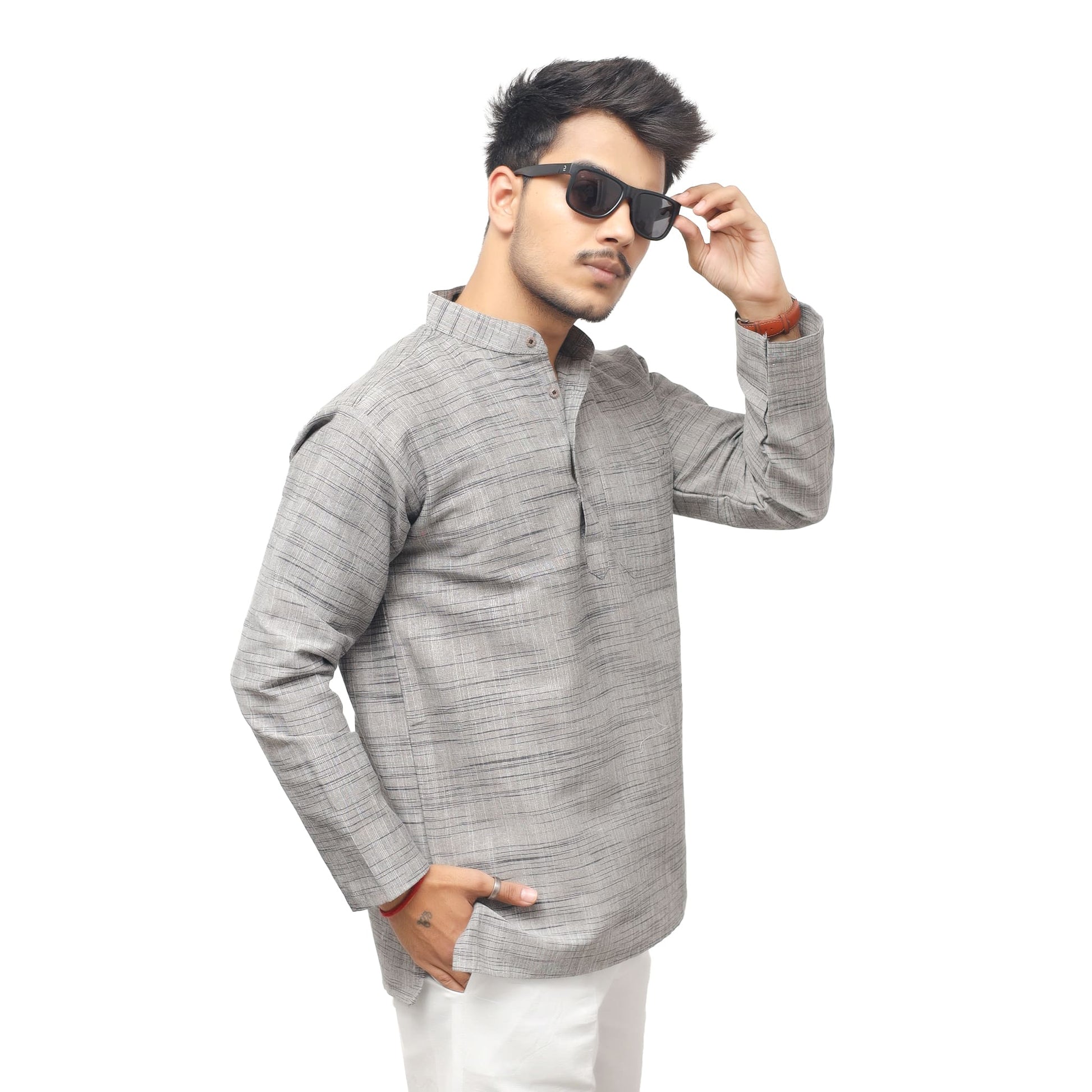 Side angle grey khadi cotton Light Jharna short kurta for men