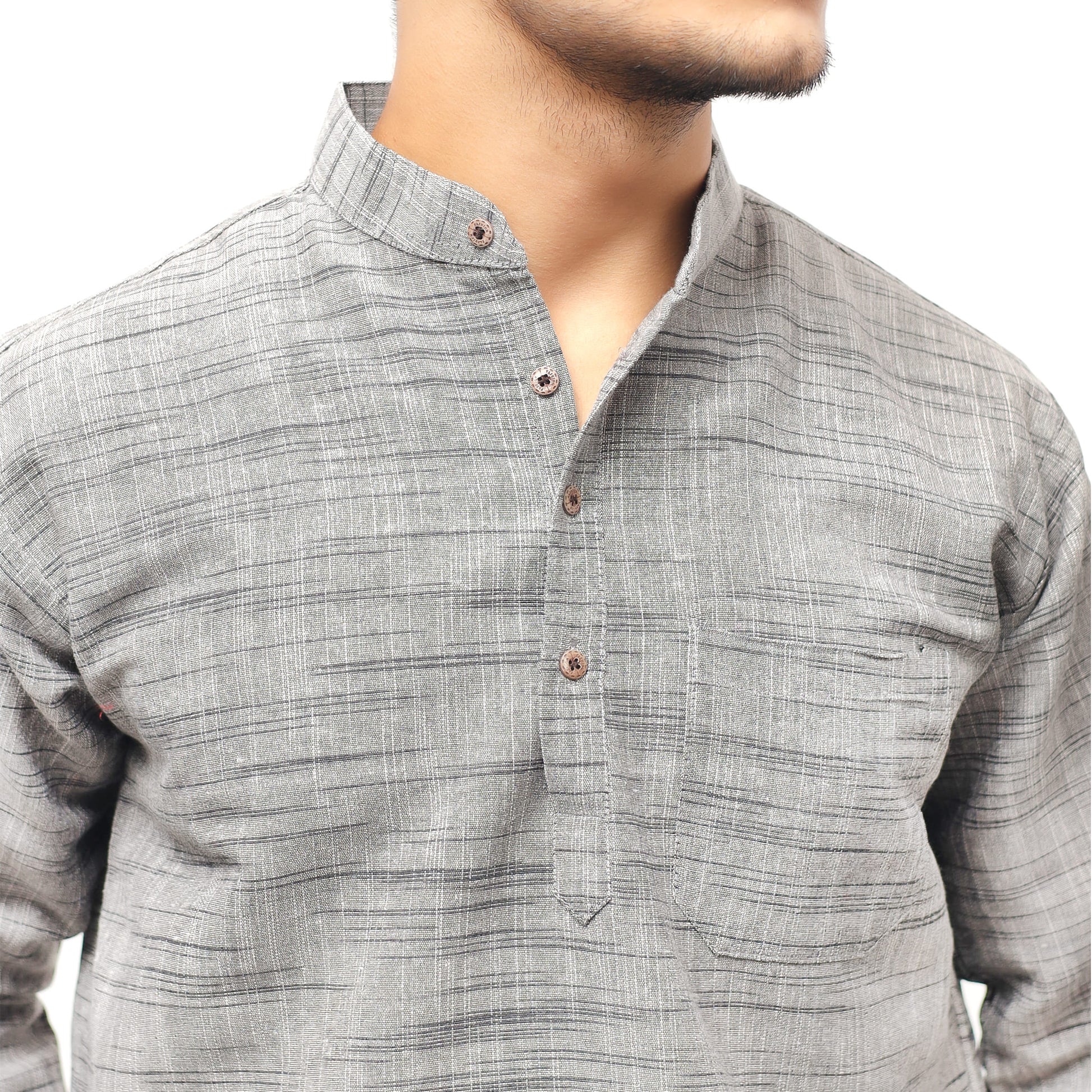 Grey textured khadi cotton short kurta close-up design