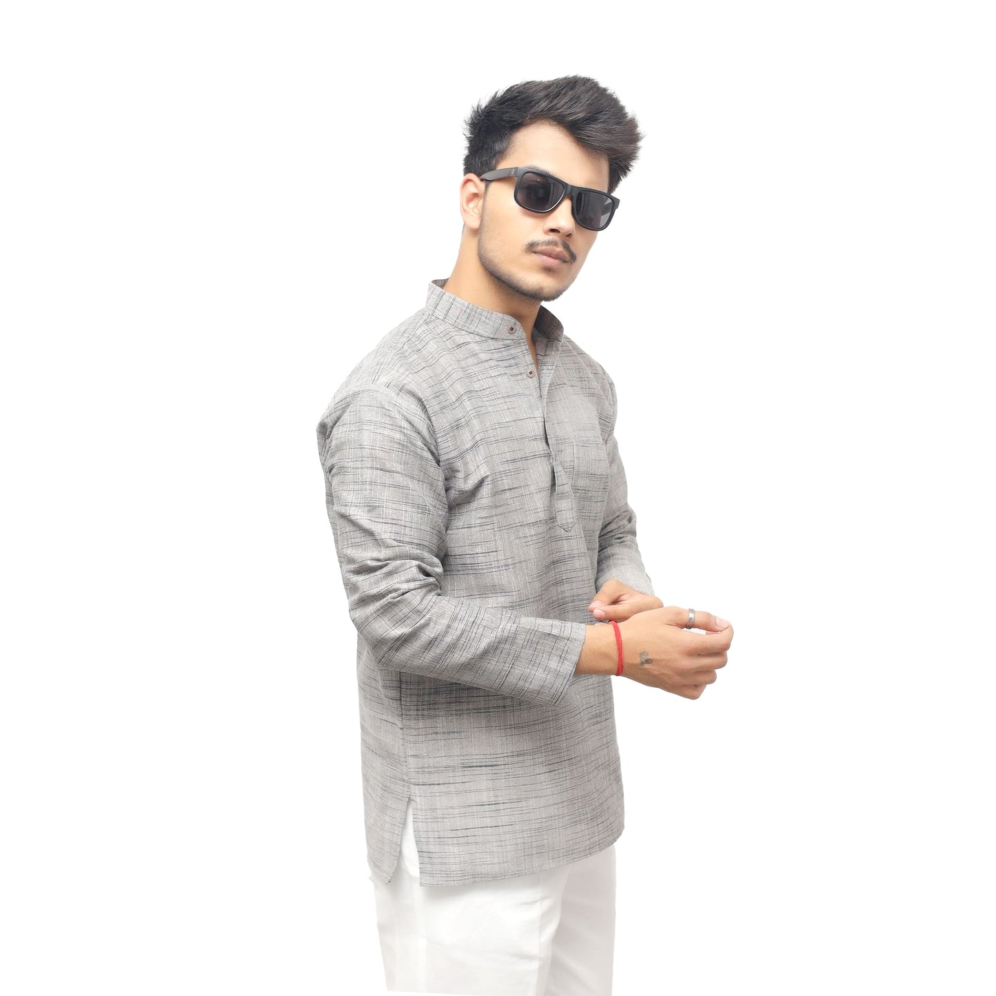 Grey Weave Light Jharna Full Sleeves Khadi Cotton Short Kurta front look