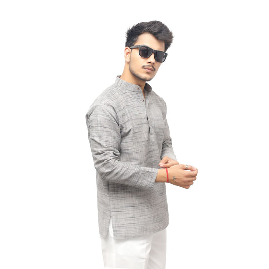 Grey Weave Light Jharna Full Sleeves Khadi Cotton Short Kurta front look