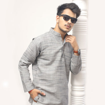 Men’s grey weave full sleeves khadi cotton short kurta styling