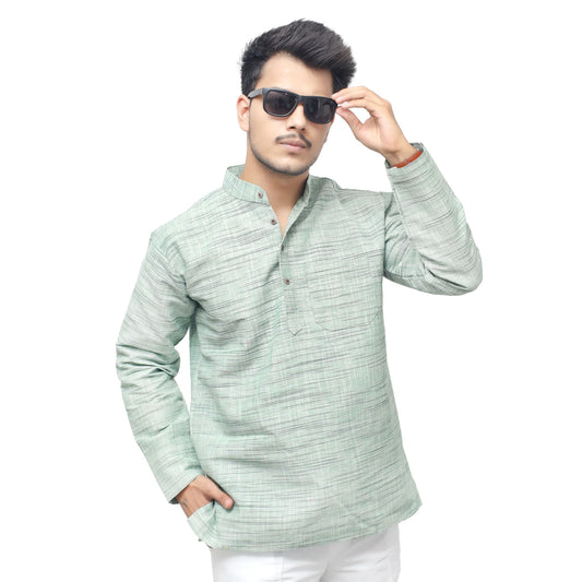 Green Weave Light Jharna Full Sleeves Khadi Cotton Short Kurta front pose