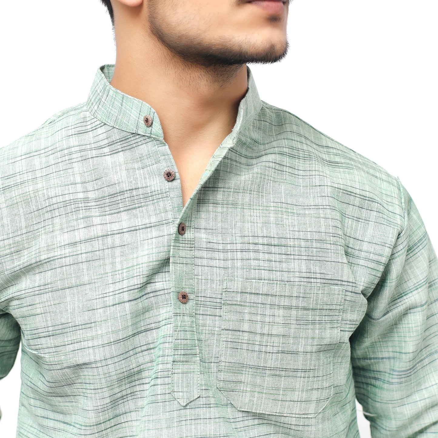 Green textured khadi cotton short kurta fabric detail