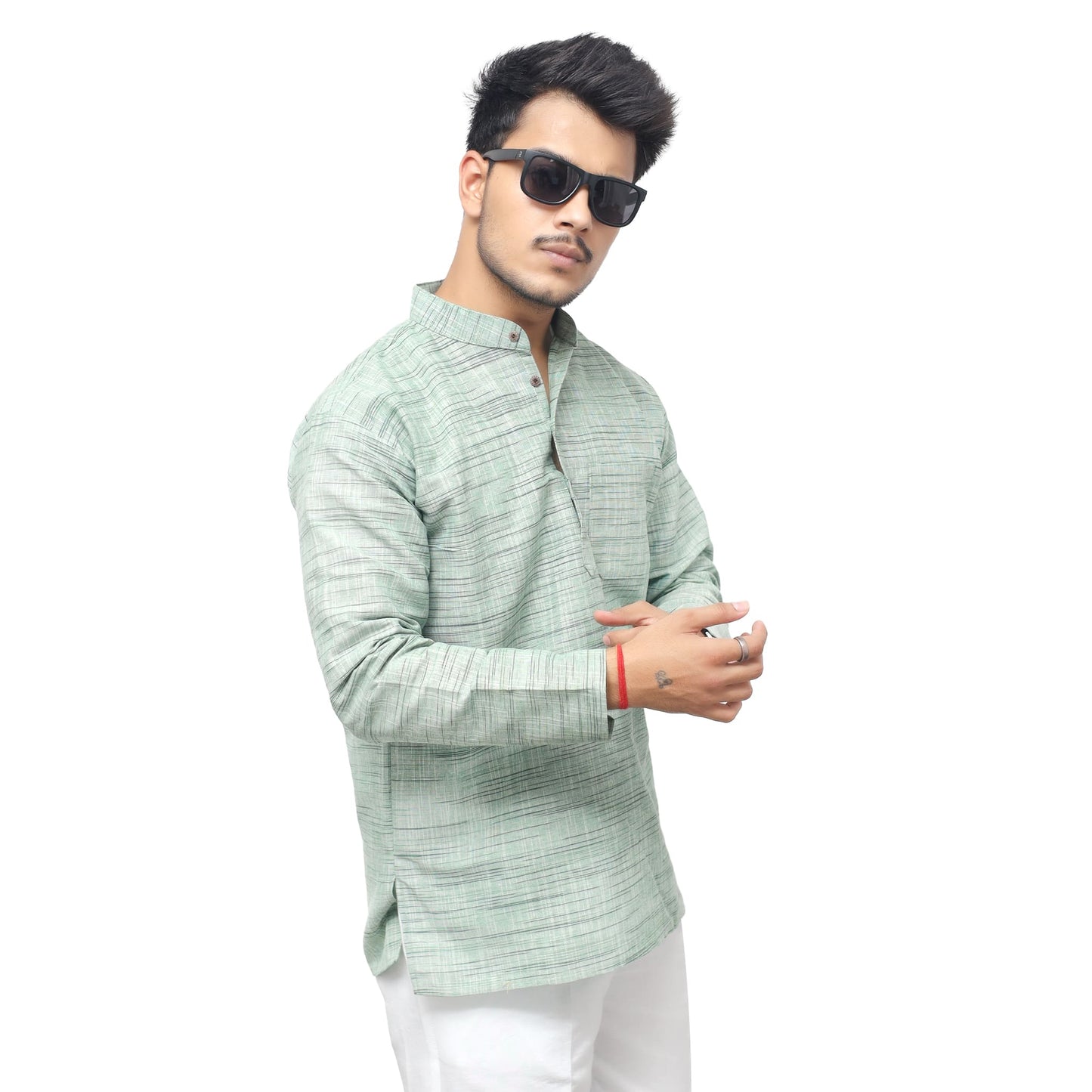 Side view green khadi cotton Light Jharna short kurta for men