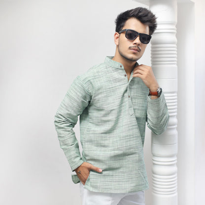 Men’s green weave full sleeves khadi cotton short kurta styling