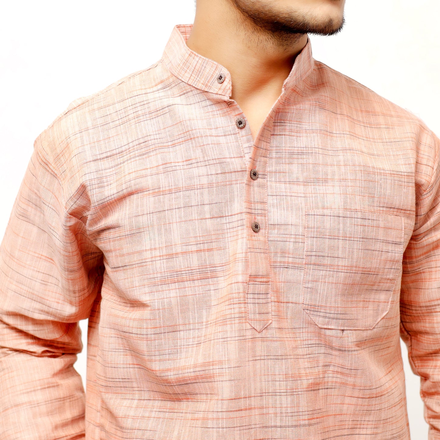 Orange khadi cotton short kurta mandarin collar closeup