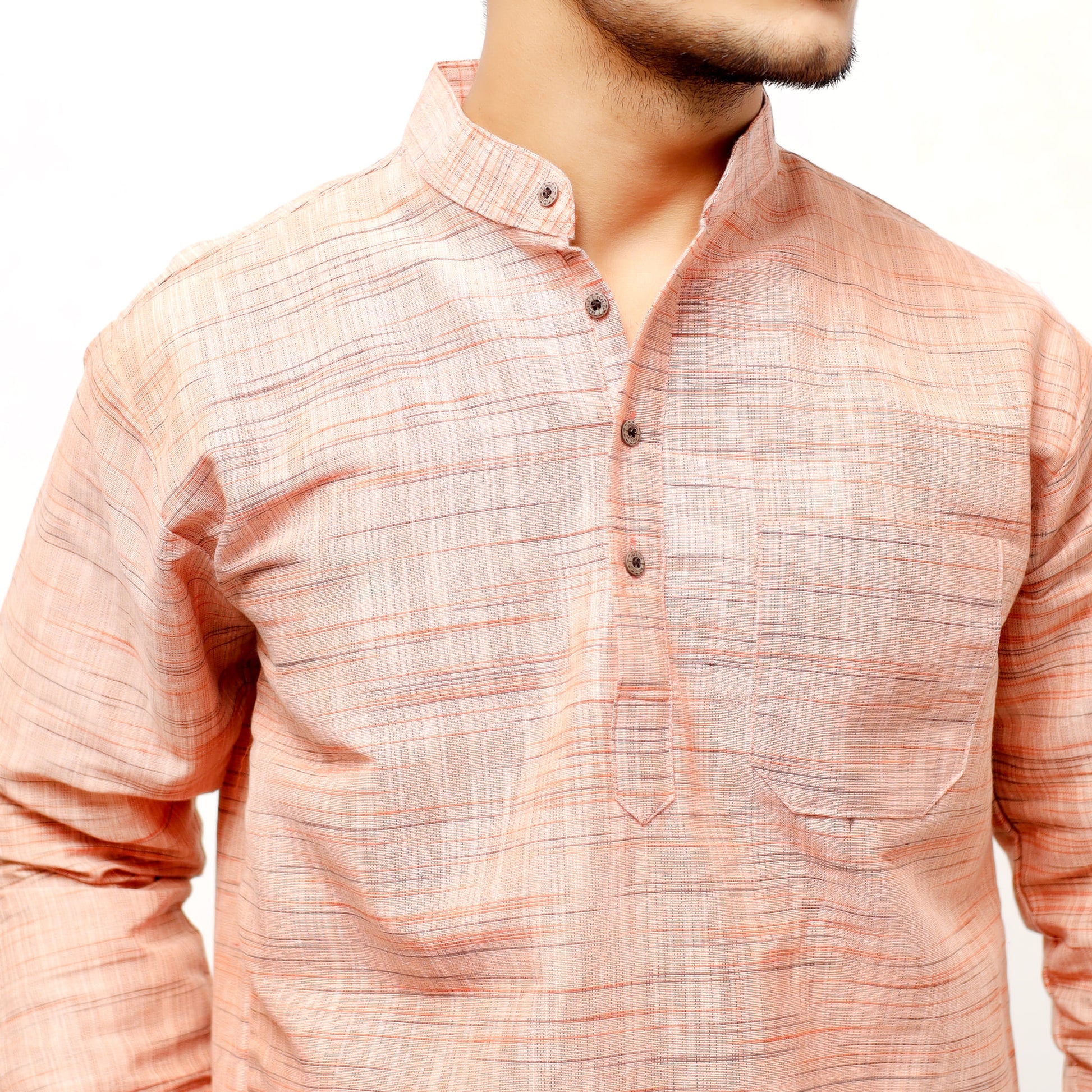 Orange khadi cotton short kurta mandarin collar closeup