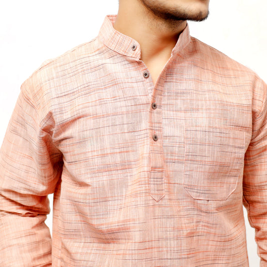 Orange khadi cotton short kurta mandarin collar closeup