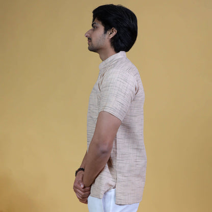 Side view beige short khadi kurta minimal ethnic outfit