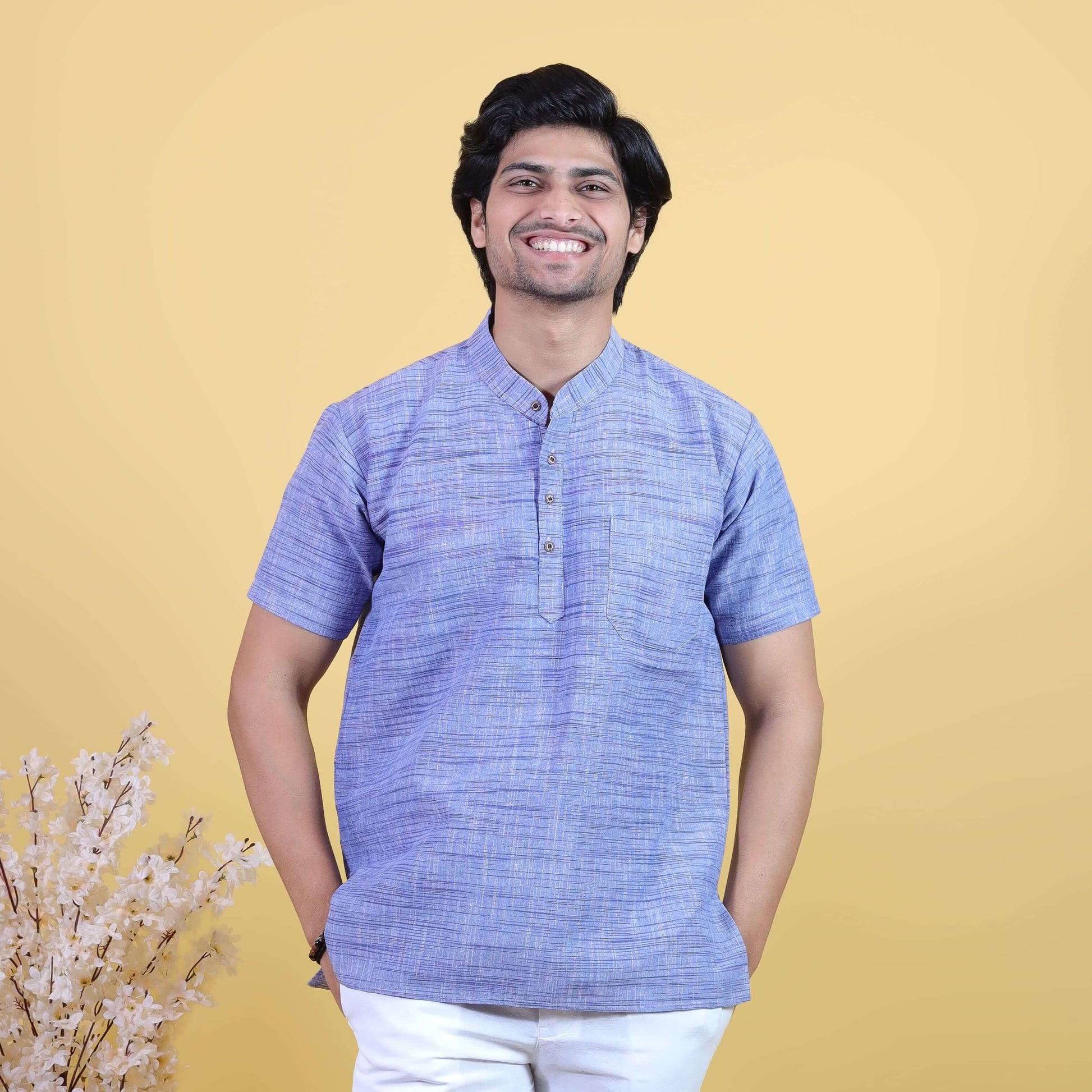 Blue Jharna half sleeves khadi short kurta front view for men