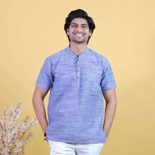 Blue Jharna half sleeves khadi short kurta front view for men