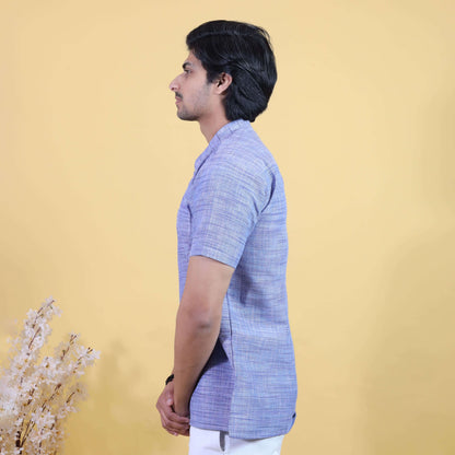 Side profile blue khadi short kurta lightweight summer outfit
