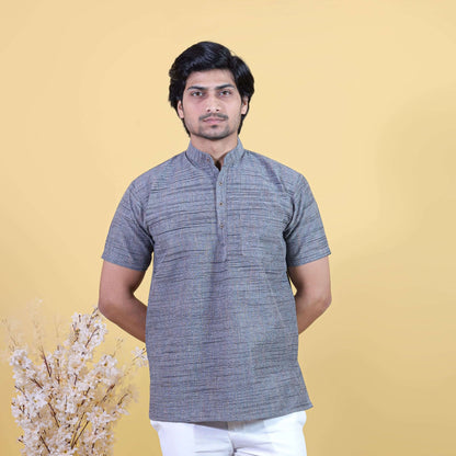Steel grey Jharna half sleeves khadi short kurta front view for men