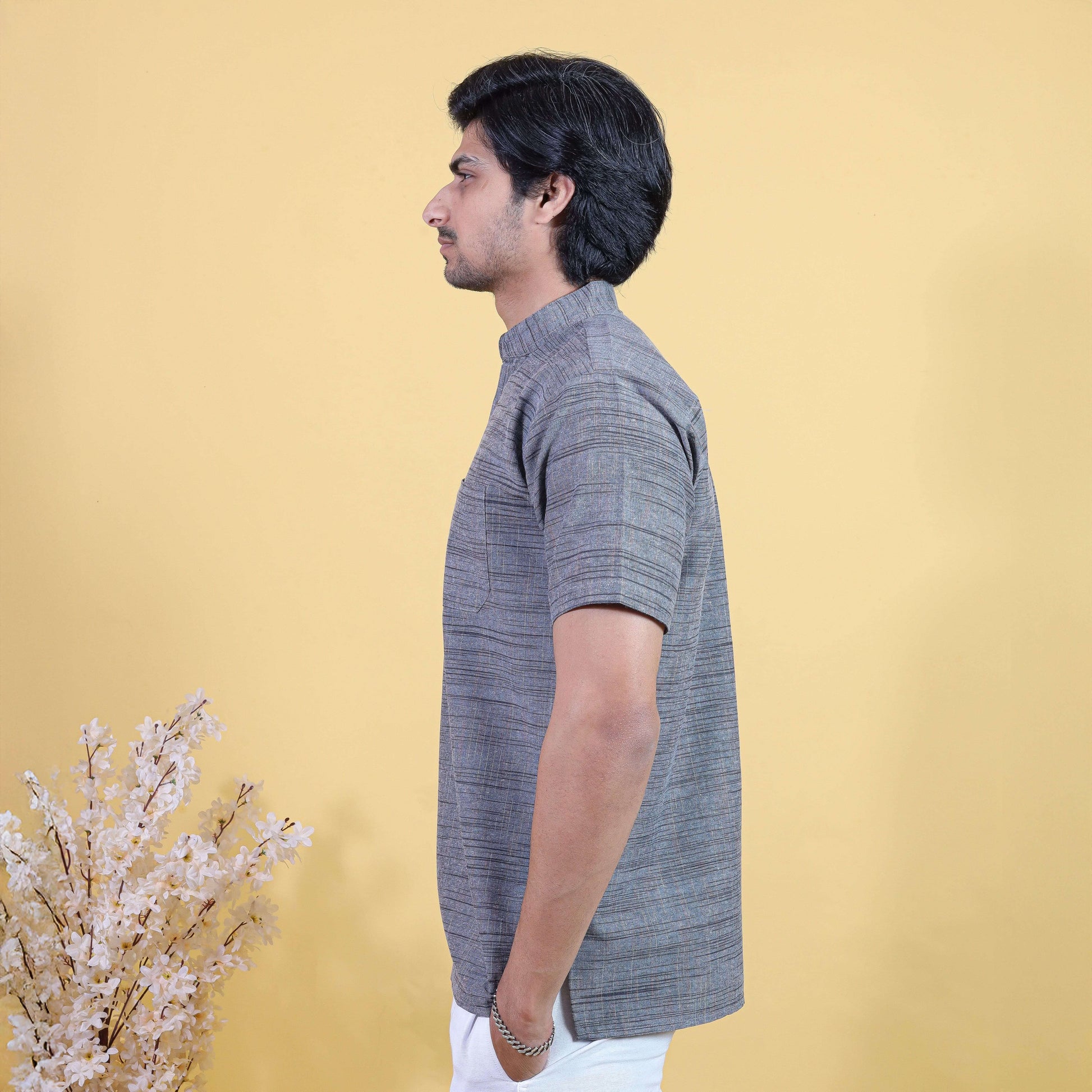 Side view grey khadi short kurta breathable summer wear for men