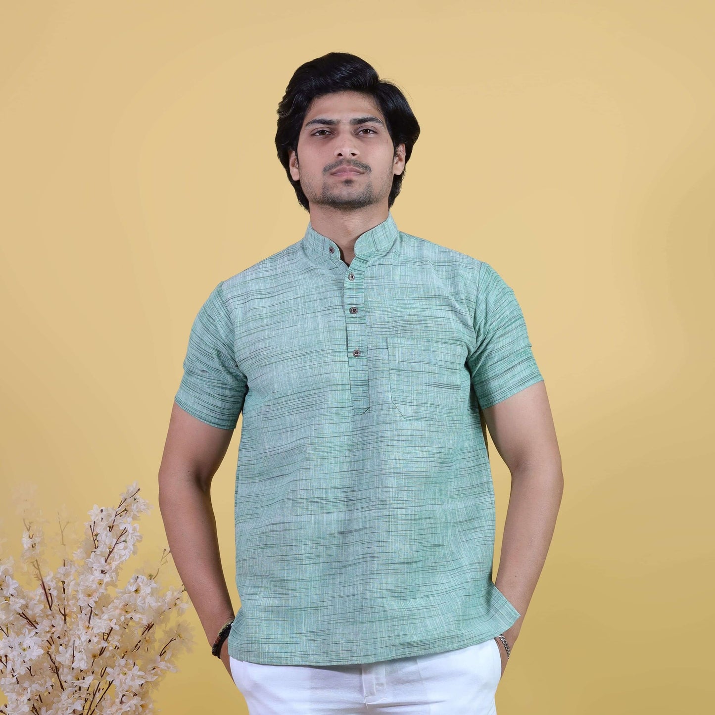 Light green Jharna half sleeves khadi short kurta front view for men