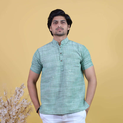 Light green Jharna half sleeves khadi short kurta front view for men