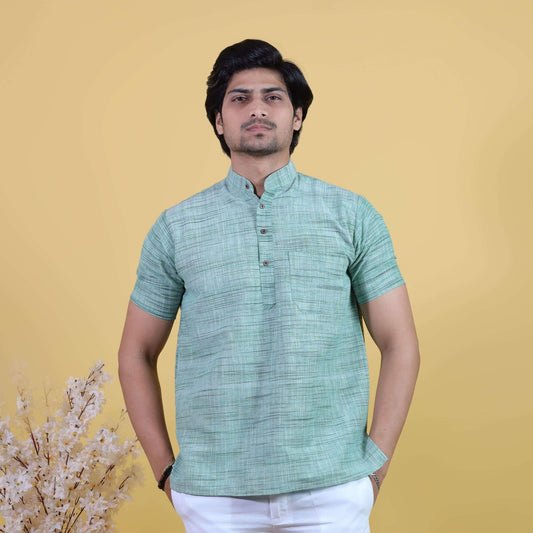 Light green Jharna half sleeves khadi short kurta front view for men