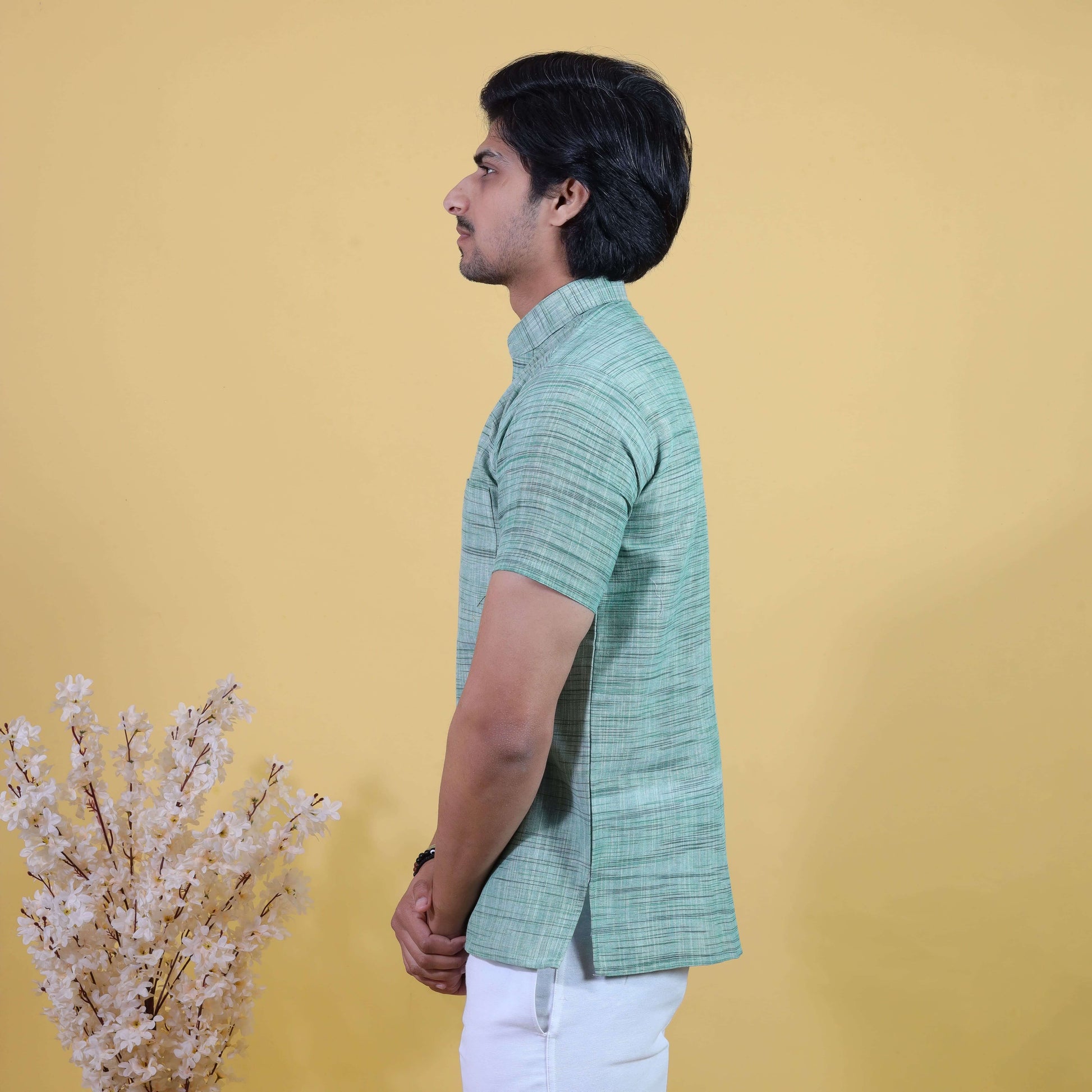 Side profile green khadi short kurta breathable summer wear
