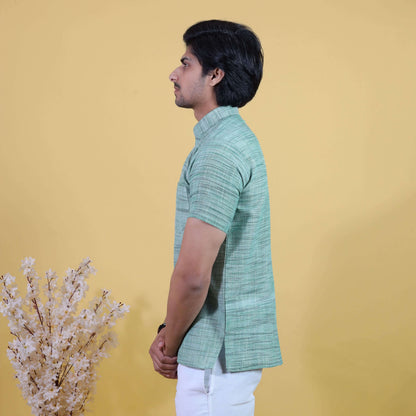 Side profile green khadi short kurta breathable summer wear