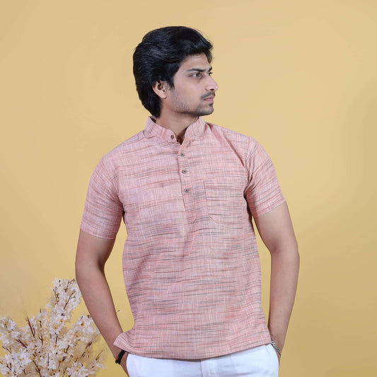 Light orange Jharna half sleeves khadi short kurta front view for men