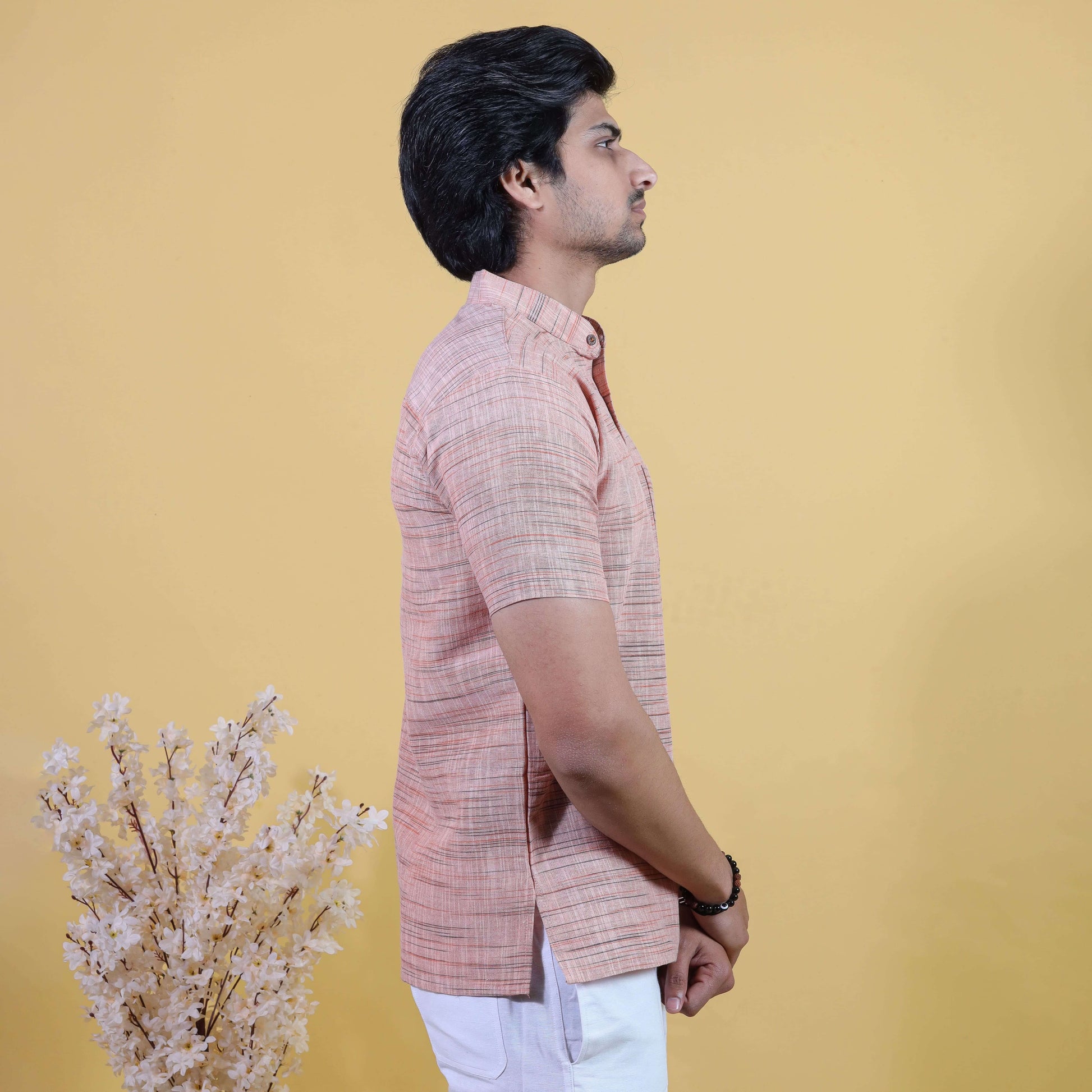 Side profile light orange khadi short kurta breathable cotton look for men