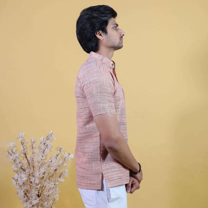 Side profile light orange khadi short kurta breathable cotton look for men