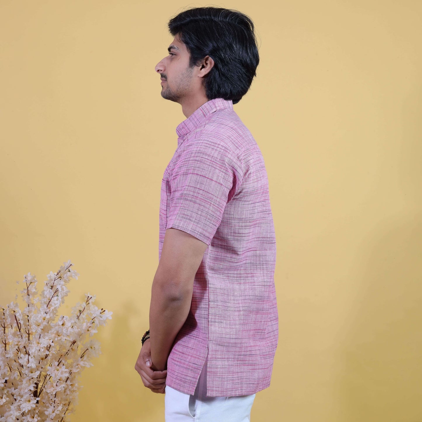 Side profile pink short kurta for men breathable fabric look