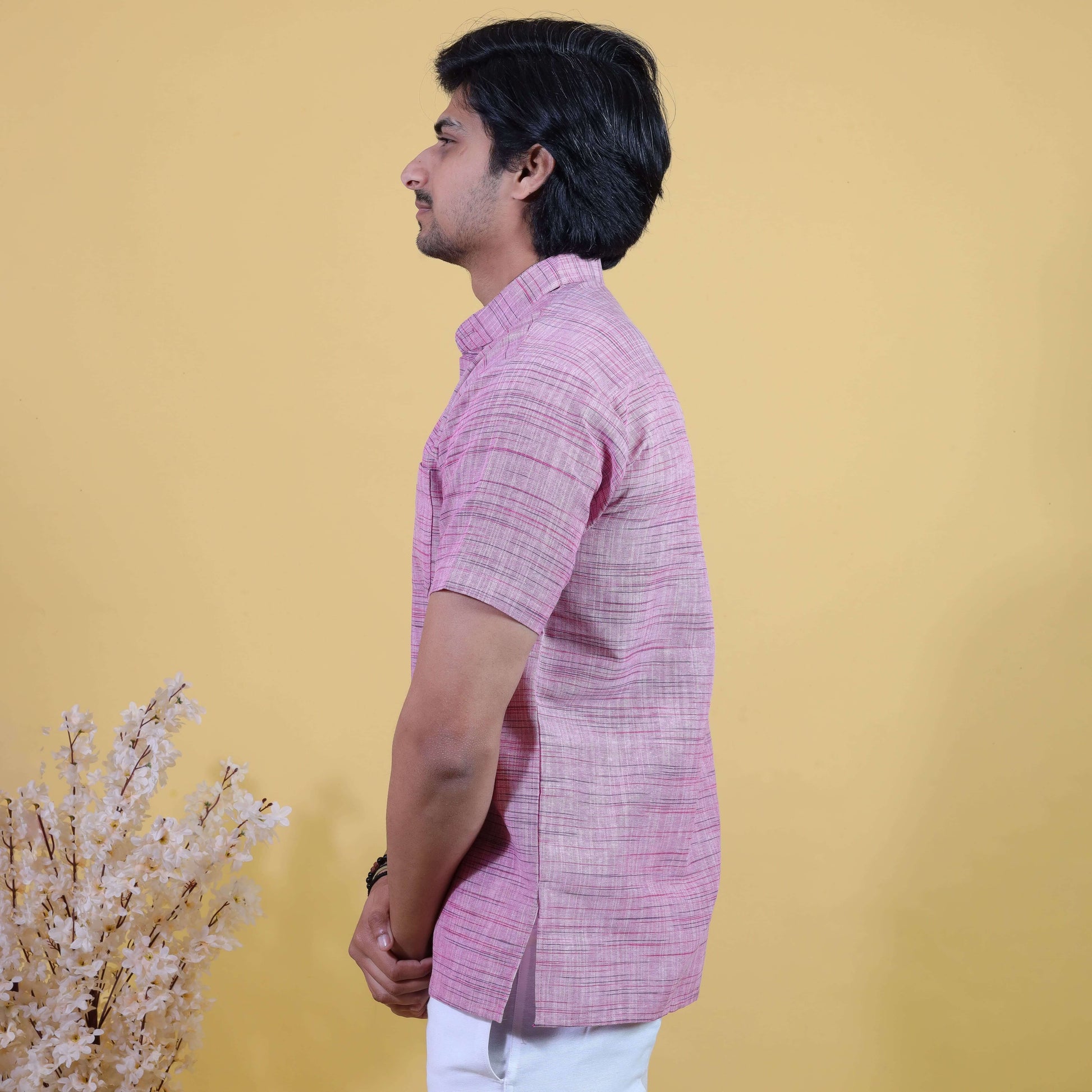 Side profile pink short kurta for men breathable fabric look
