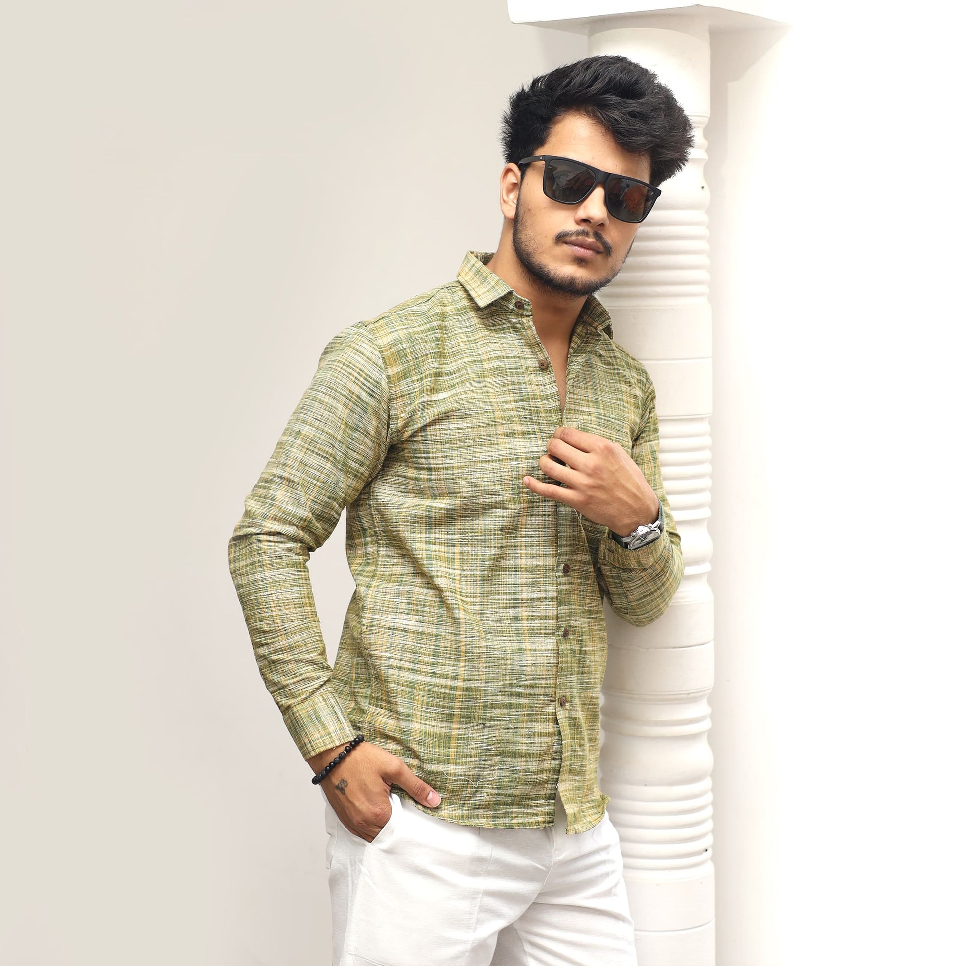 green khadi shirt men casual styling side pose