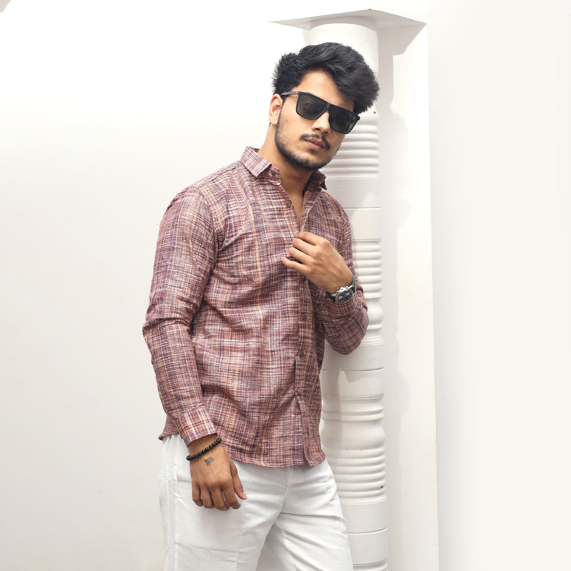 maroon khadi shirt men casual styling side pose