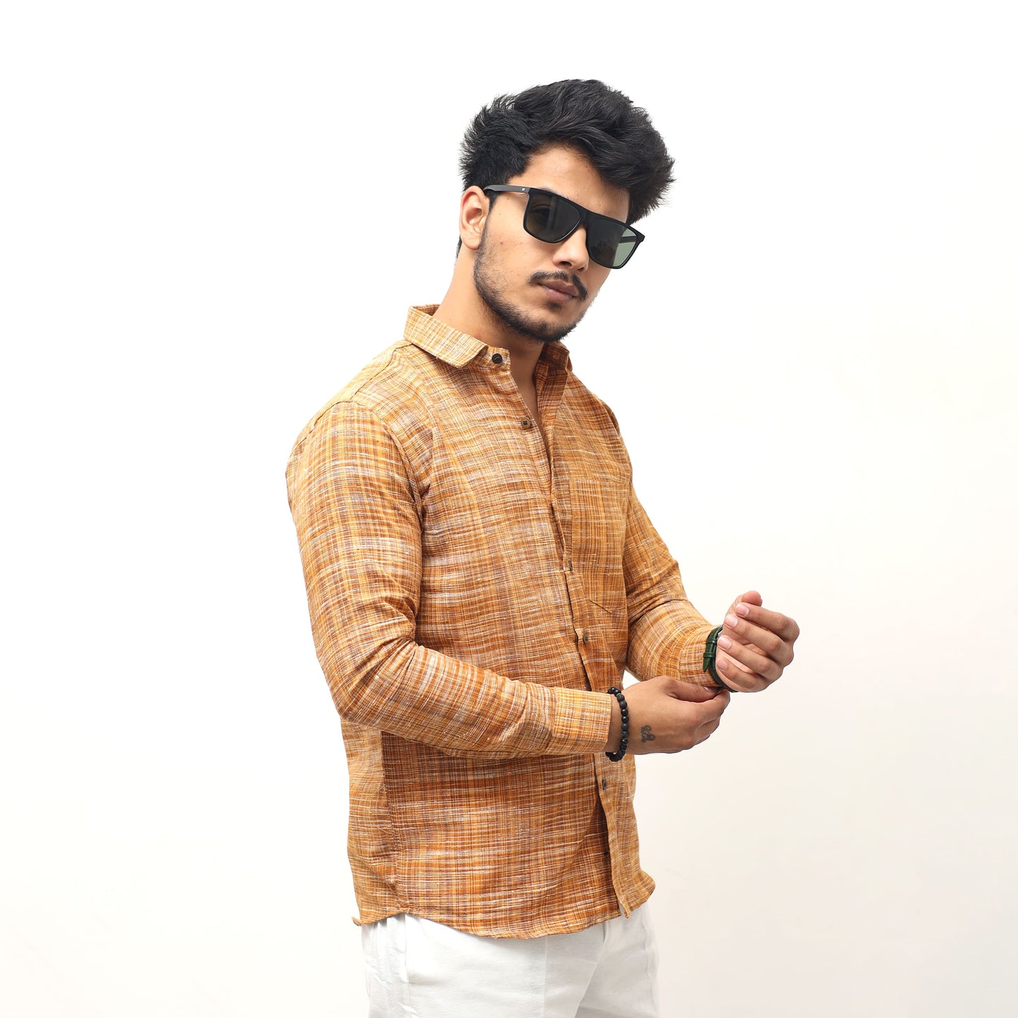 mustard line jharna khadi shirt for men front view