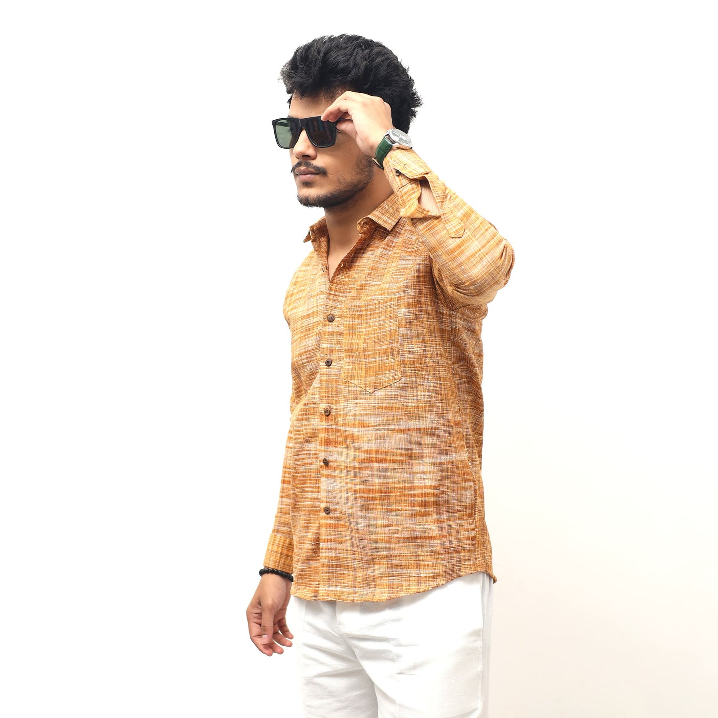 mustard khadi cotton shirt full sleeves textured fabric