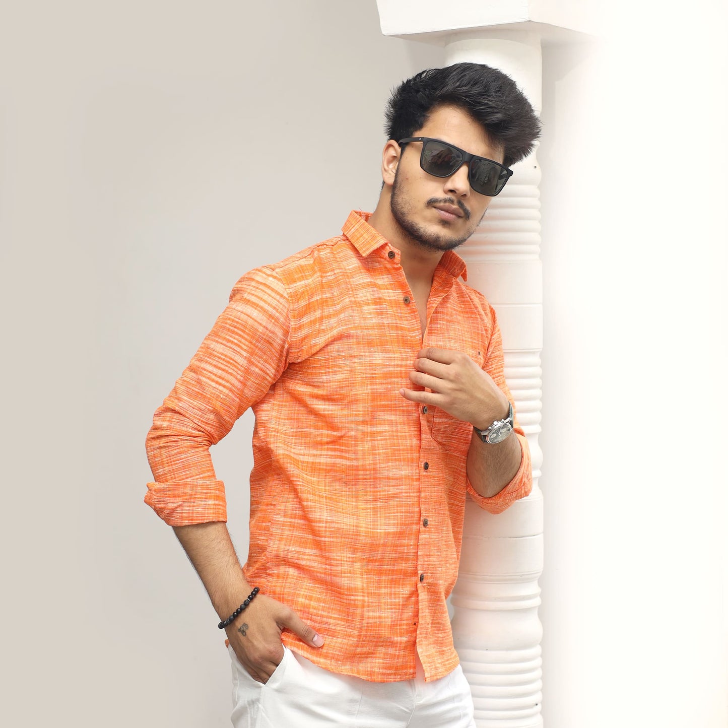 orange khadi shirt men side styling pose