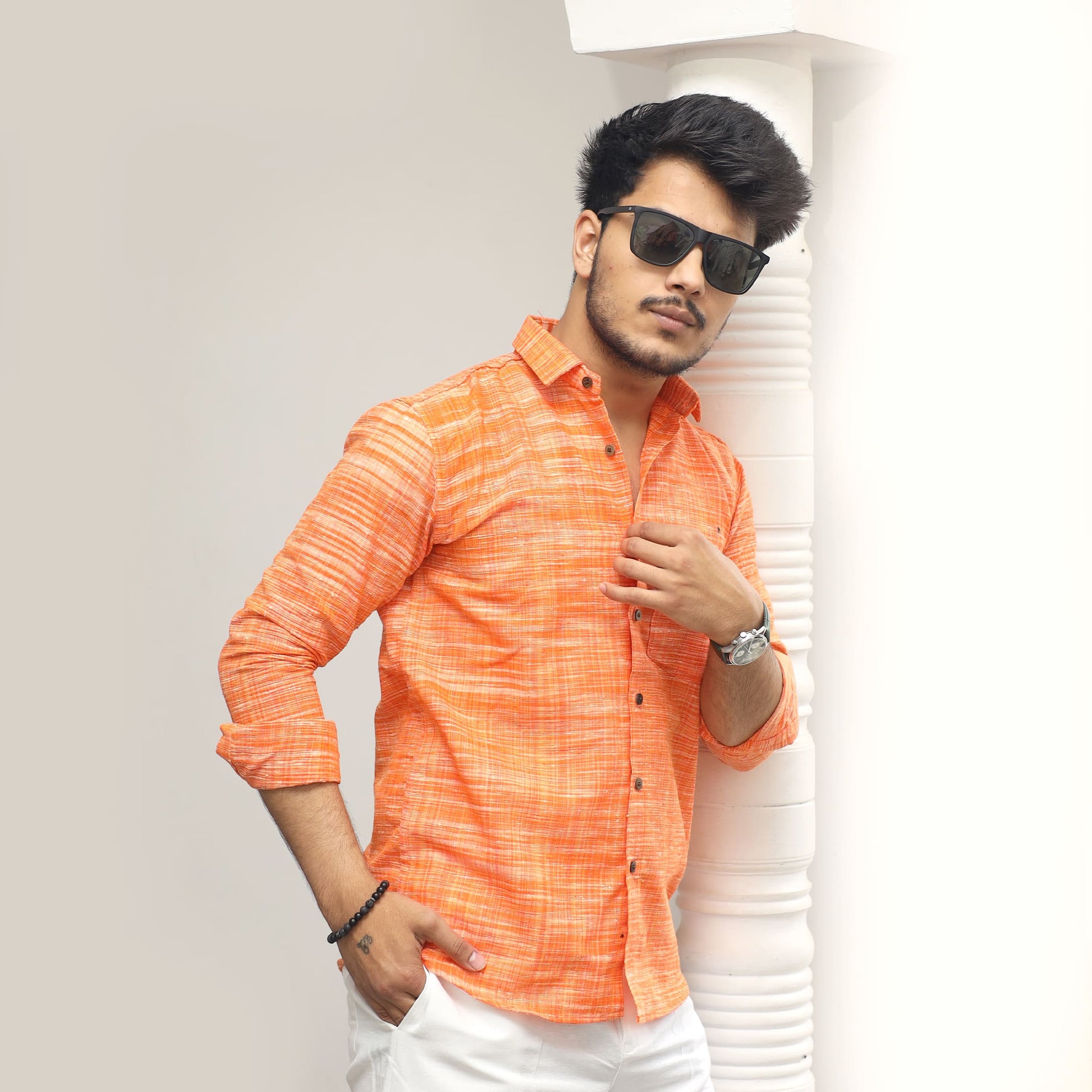 orange khadi shirt men side styling pose