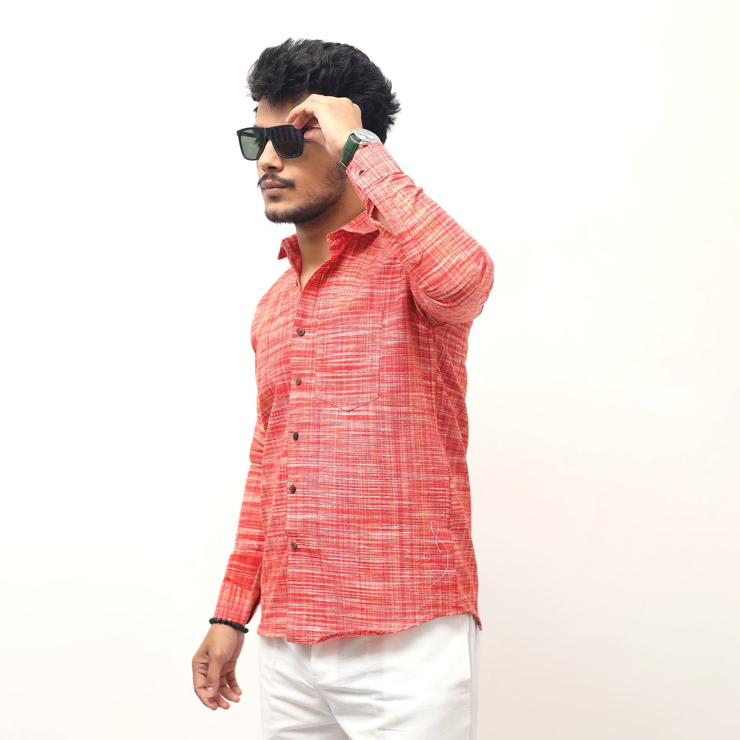textured red khadi cotton shirt full sleeves