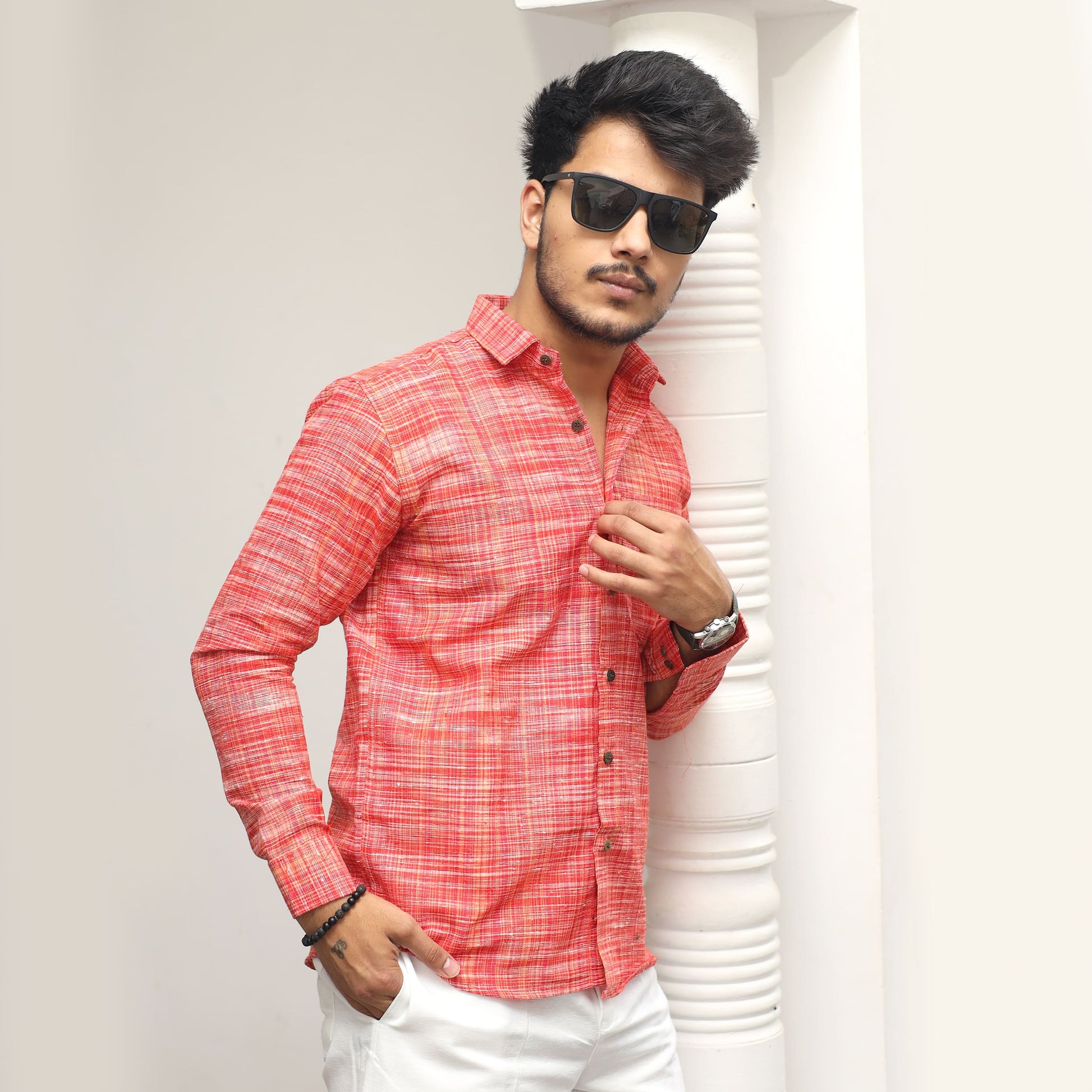 red khadi shirt men side pose styling
