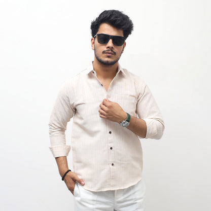 yellow khadi cotton full sleeves shirt for men loom stripe front view Khargam
