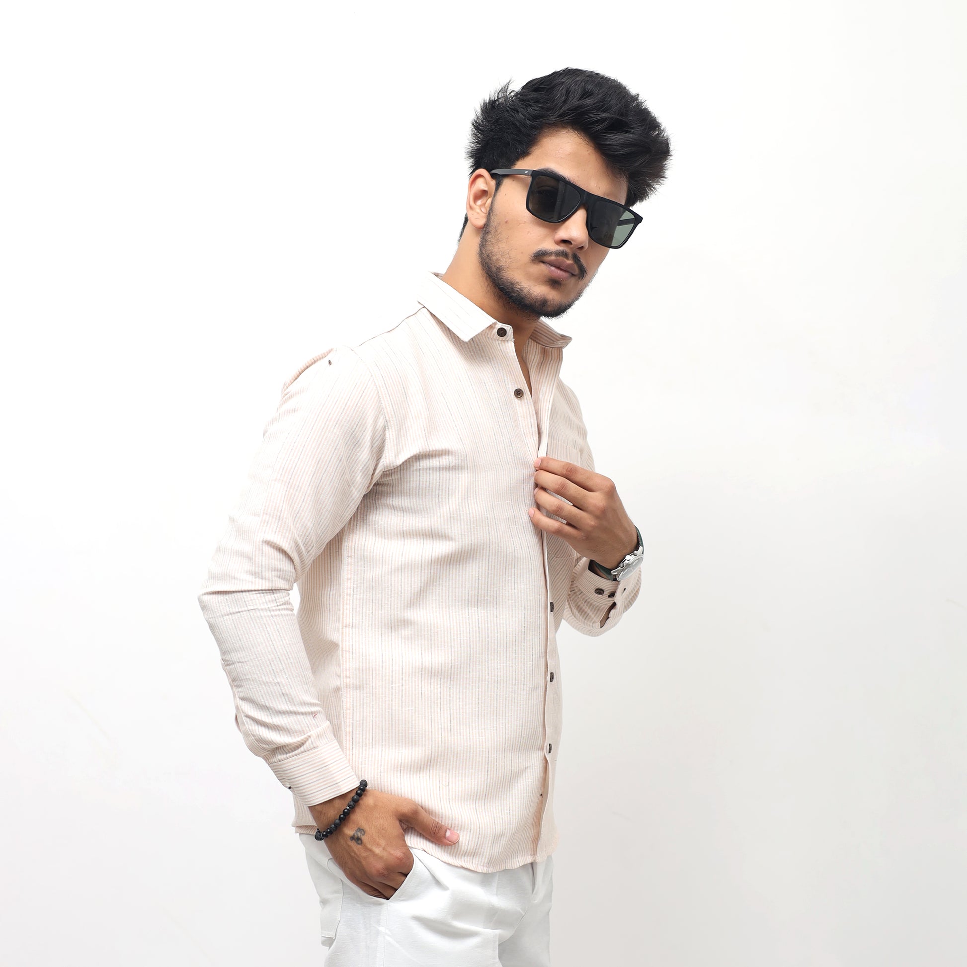 men wearing yellow khadi cotton shirt loom stripe full sleeves side profile